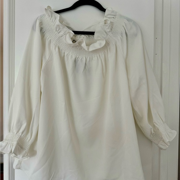 Tuckernuck Tops - NWT Tuckernuck White Blouse with 3/4 Sleeves Ruffled Bib Collar